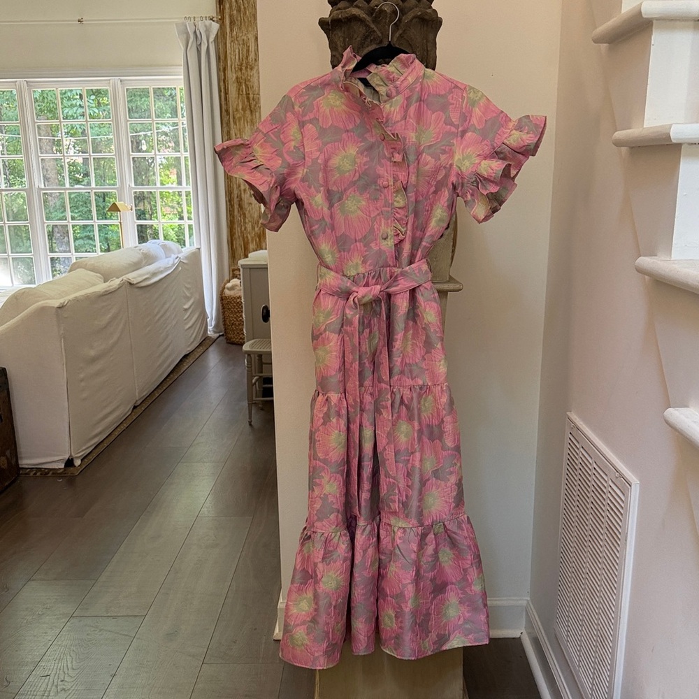 Abbey Glass -Pink Floral Midi Dress with Tie Waist- worn 1x